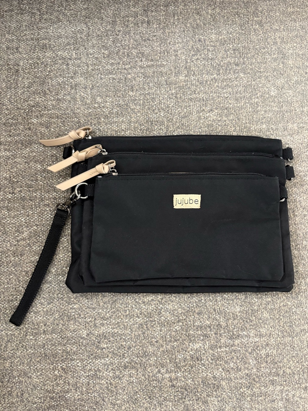 Ju-Ju-Be Black Zip Pouch Trio with Tan Logo Patch